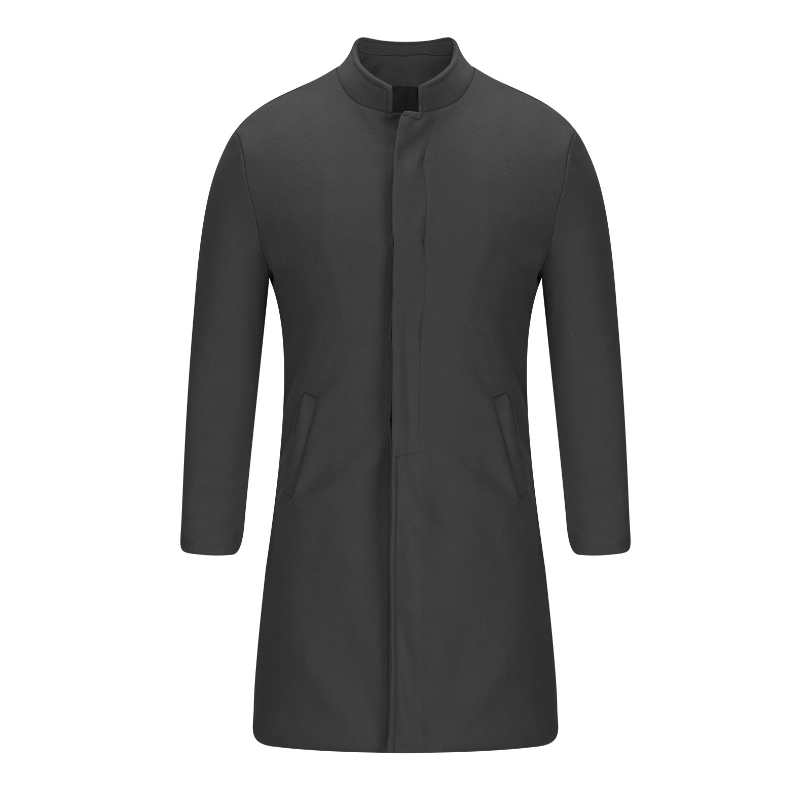 EQWLJWE Mens Black Trench Coat Stand Mandarin Collar Single
