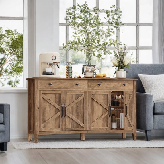 LEDREM Buffet de Style Ferme - Bar à Café avec 2 Tiroirs, Tablettes Ajustables et Trous pour Câbles, Rangement Polyvalent, Brun Miel