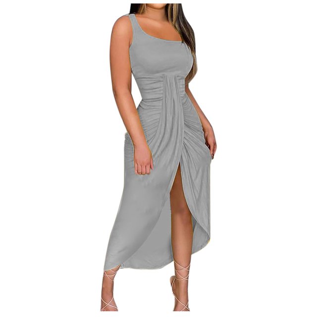 Robes de Cocktail d'Été Grande Taille BLVB pour Femmes, Robe Longue Froncée à Épaules Dénudées, Fendue, pour Fête, Boîte de Nuit, Plage