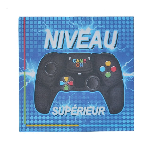 Game On 3ply napkin showing a centered black video game controller with colorful buttons on a blue dotted background, with 'NIVEAU' above and 'SUPÉRIEUR' below in light blue text, suitable for party table settings.