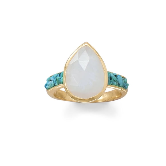 Precious Stars 14K Yellow Gold Plated Sterling Silver Rainbow Moonstone and Crushed Turquoise Ring