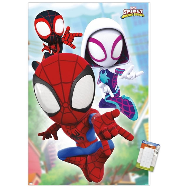 Marvel Spidey and His Amazing Friends - Affiche Murale de Toiles Mettant en Vedette Trois Personnages Animés de Spider-Man en Costumes Rouges, Noirs et Blanc-Violet à Motif de Toile avec de Grands Yeux Blancs, Posée Dynamiquement en Vol au-Dessus d'Un Paysage Urbain Flou, Imprimée sur Papier d'Art photo Brillant, 22,375 Pouces x 34 Pouces, Comprend 16 Languettes Adhésives Autocollantes pour une Suspension Facile et Sans Dommages, Convient pour Décorer les Chambres d'Enfants, les Bureaux Ou les Espaces de Fête