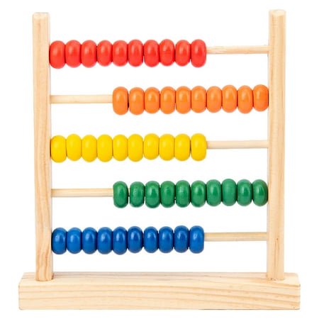 Wooden For Kids Math 50 Counting Toy Beads Multicolor Counters for 3-5 year olds, featuring a wooden frame with five rows of brightly colored beads in red, orange, yellow, green, and blue. This educational toy is ideal for preschool learning, STEM math activities, and number recognition games.