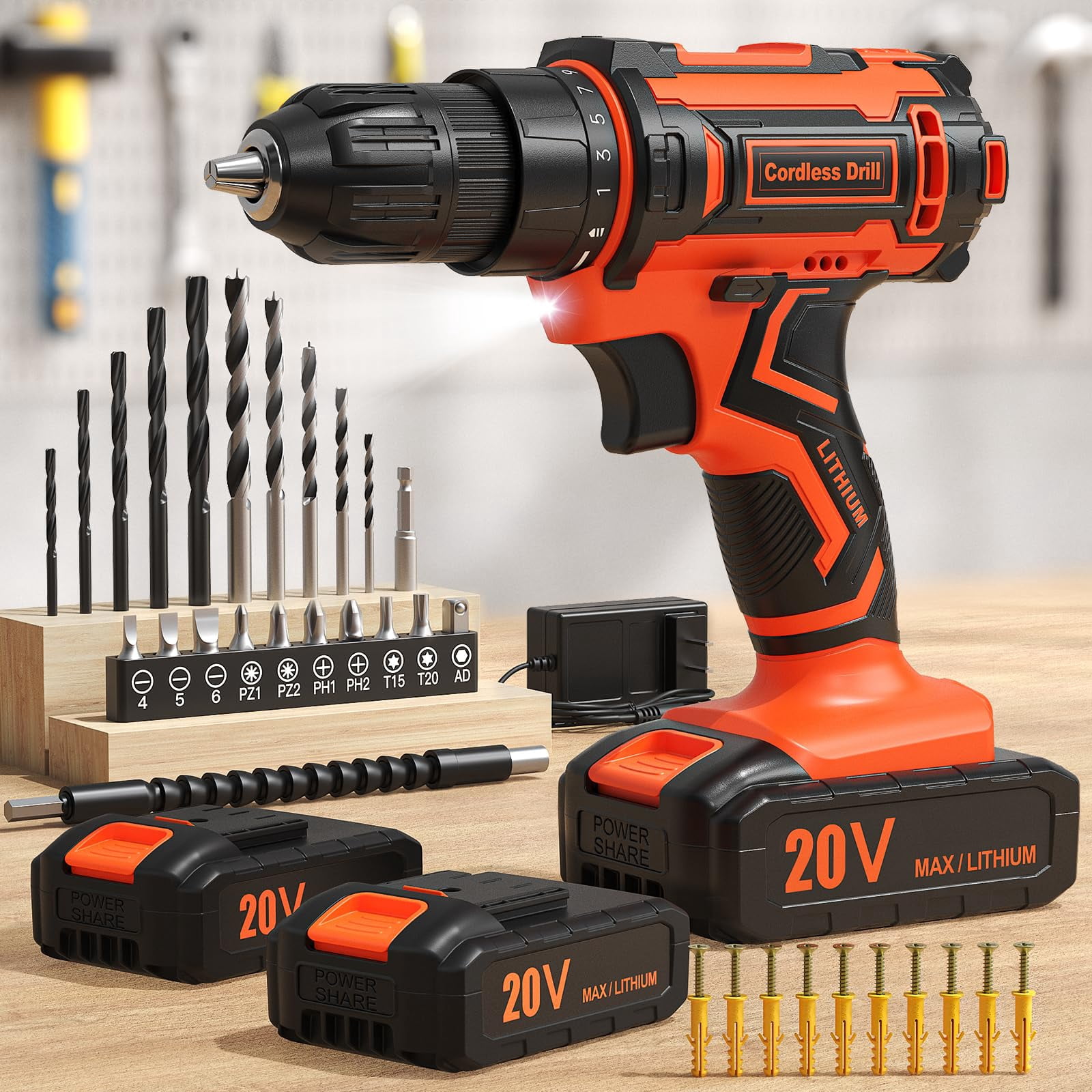 Cordless Drill, 20V Power Drill, Double 2000mAh Power Pack Electric Drills, Cordless Drills with Power Pack and Charger, 3/8" Keyless Chuck Screwdriver with 25+1 Max