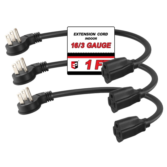 EP 3 Pack 1 Ft 16/3 Flat Plug Indoor Extension Cord, Black Low Profile Extension Cable