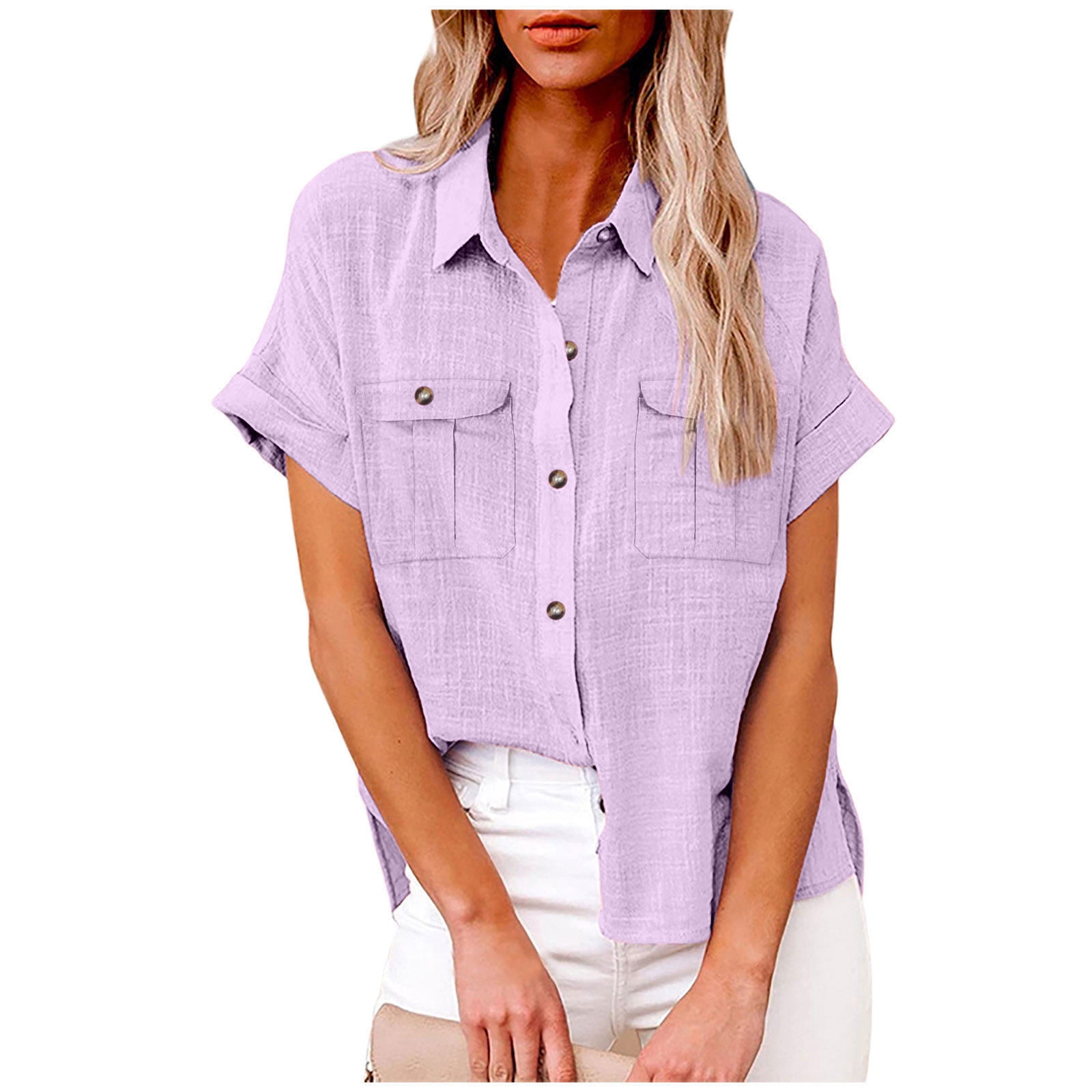 fheaev Button Up Shirts For Women Roll Up Short Sleeve Button Down Cotton Linen T-Shirts With Pocket V-Neck Work Tunics Blouse Collared Tops
