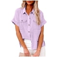 thumbnail image 1 of fheaev Button Up Shirts For Women Roll Up Short Sleeve Button Down Cotton Linen T-Shirts With Pocket V-Neck Work Tunics Blouse Collared Tops, 1 of 9