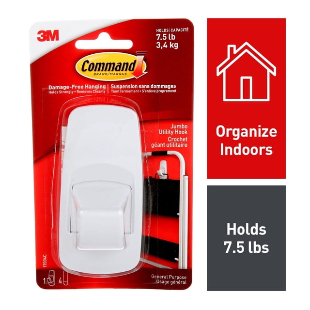 Command™ Jumbo Hook 17004C white utility hook on red packaging, holds up to 7.5 lb (3.4 kg) for damage-free hanging on paint, wood, tile, ideal for indoor organization and general purpose use with easy application and removal.