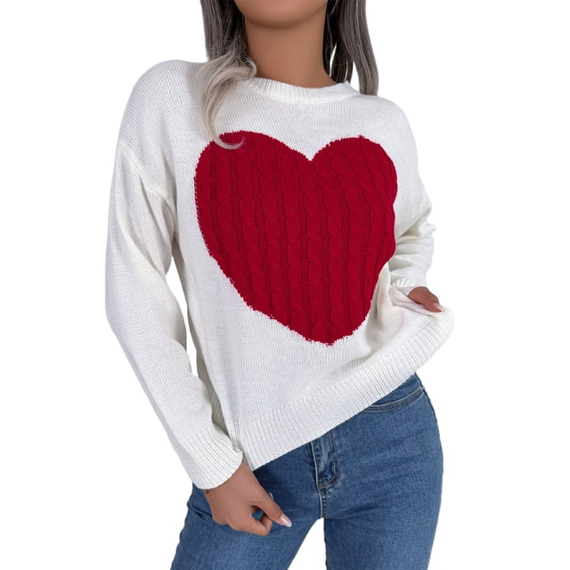 Fgnfyis Chandails pour Femmes Automne Hiver Imprimé Cœur Manches Longues Col Rond Tricoté Chandail Doux Chaud Col Roulé Décontracté Élégant Blanc G