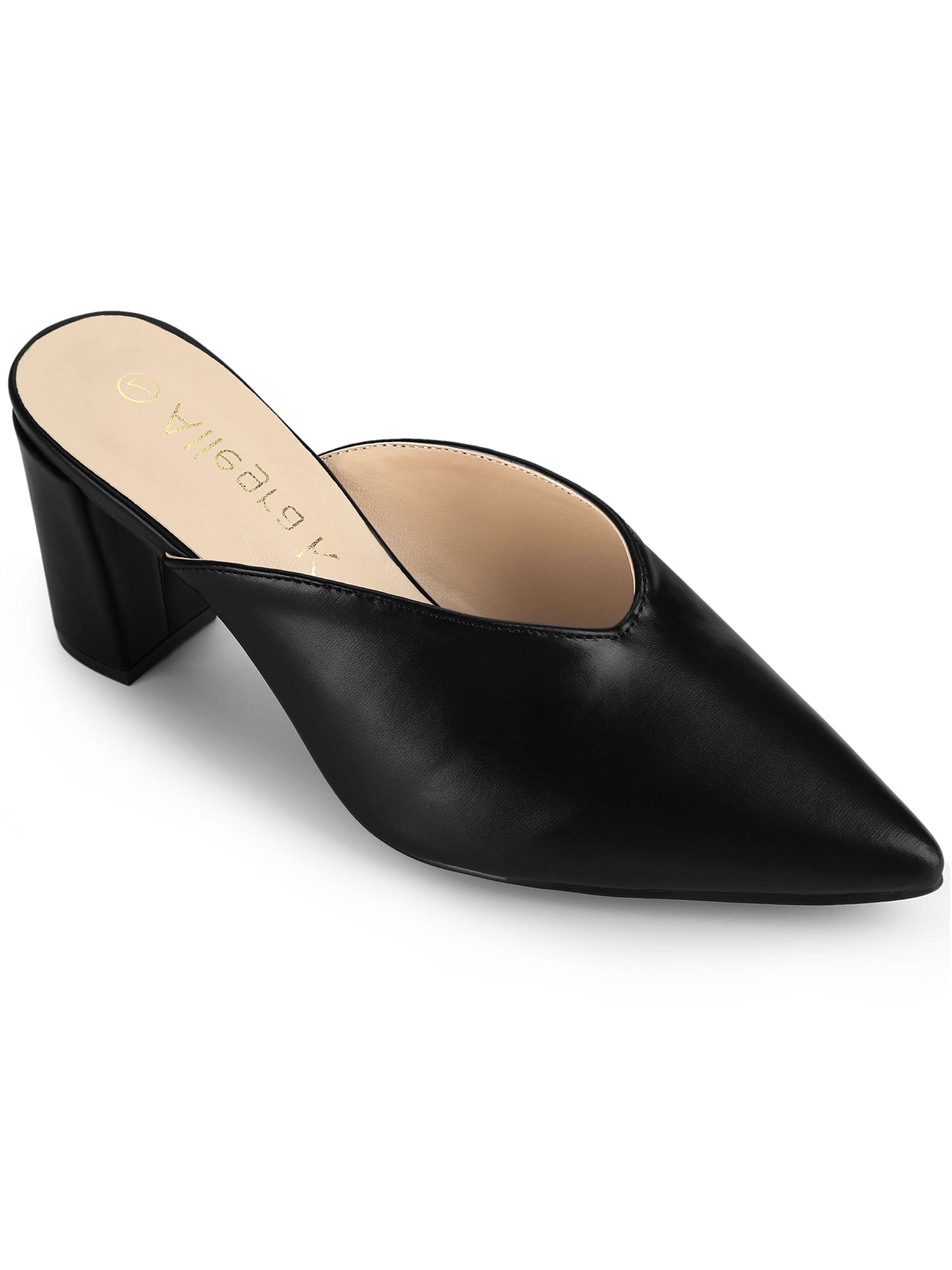 BLISSFUL STEP Mules à Talon Épais à Bout Pointu pour Femmes Noir 6