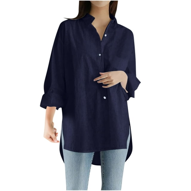 Chemises Boutonnées pour Femmes Manches Longues Retroussées Col en V Uni Ourlet Haut-Bas Blouse Hauts Tuniques Décontractées