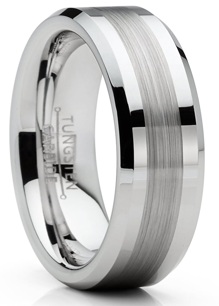 Mens Tungsten Ring Brushed Wedding Band Silvertone Comfort-fit 8MM