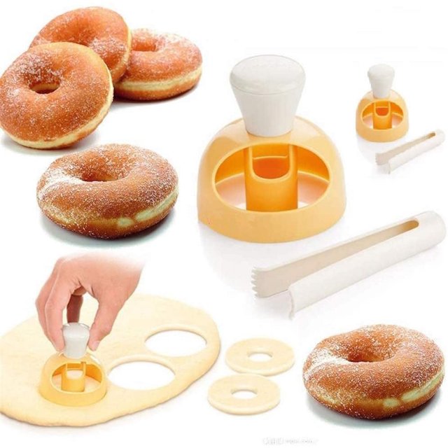 Donut Cutters, Multifunctional Household Doughnut Cutting Molds, a 2-pack set with yellow food-grade ABS plastic molds and white dipping pliers. The image displays the molds cutting dough into donut shapes, freshly made donuts, and dipping pliers for coating donuts with chocolate or frosting. Perfect bakeware for efficient and easy donut preparation, suitable for home kitchens.