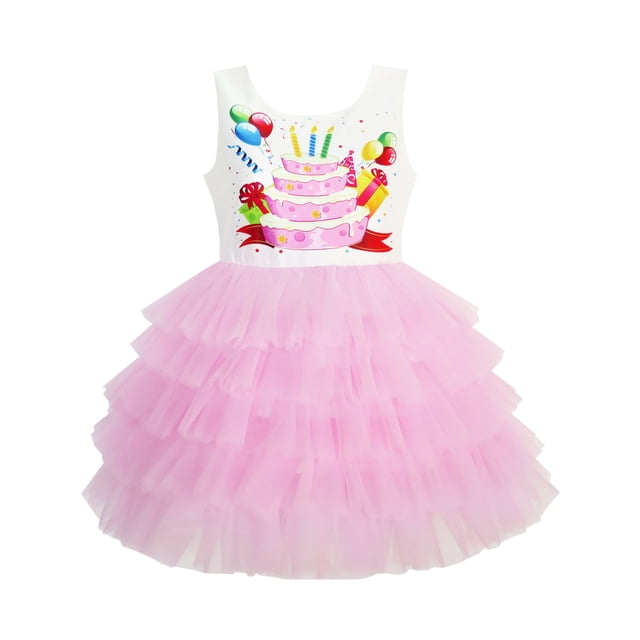 Girls Dress Birthday Princess Ruffle Dress Cake Balloon Print 5 Years