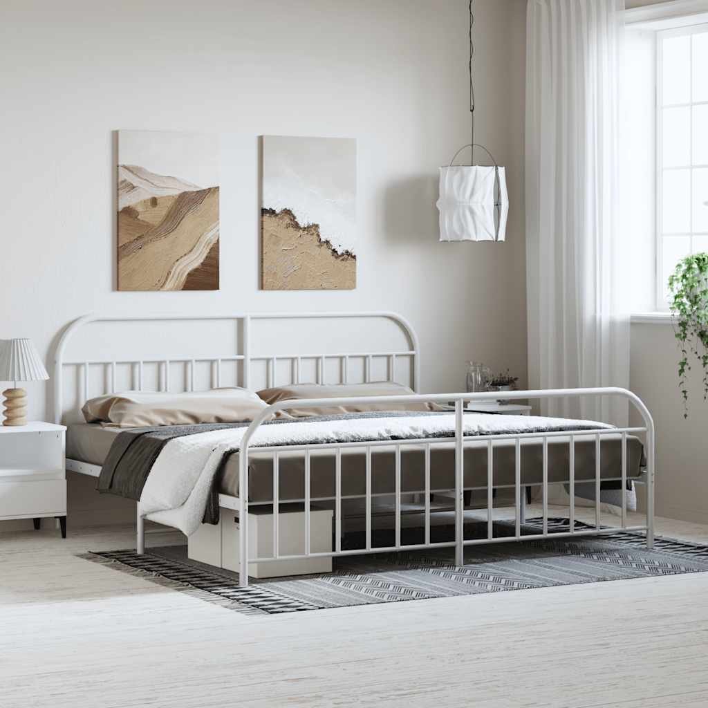 vidaXL Metal Bed Frame with Headboard and Footboard White 193x203 cm