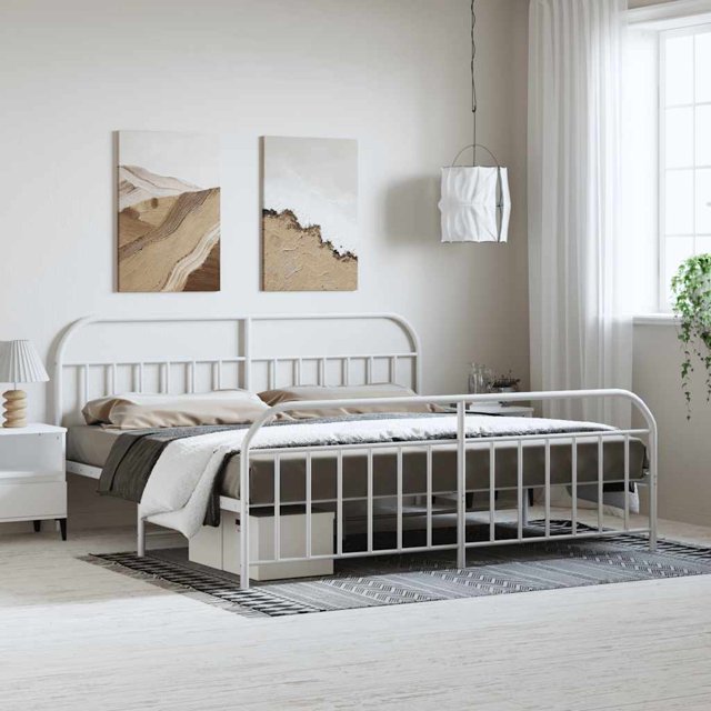 vidaXL Metal Bed Frame with Headboard and Footboard White 193x203 cm