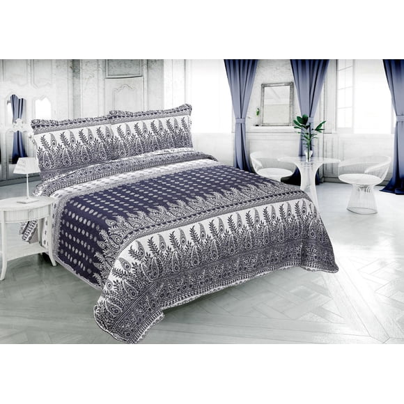 Ensemble de literie Pinsonic, couvre-lit ultra doux, imprimé bleu marine, avec taies d'oreiller, motif cachemire et branches bleu marine