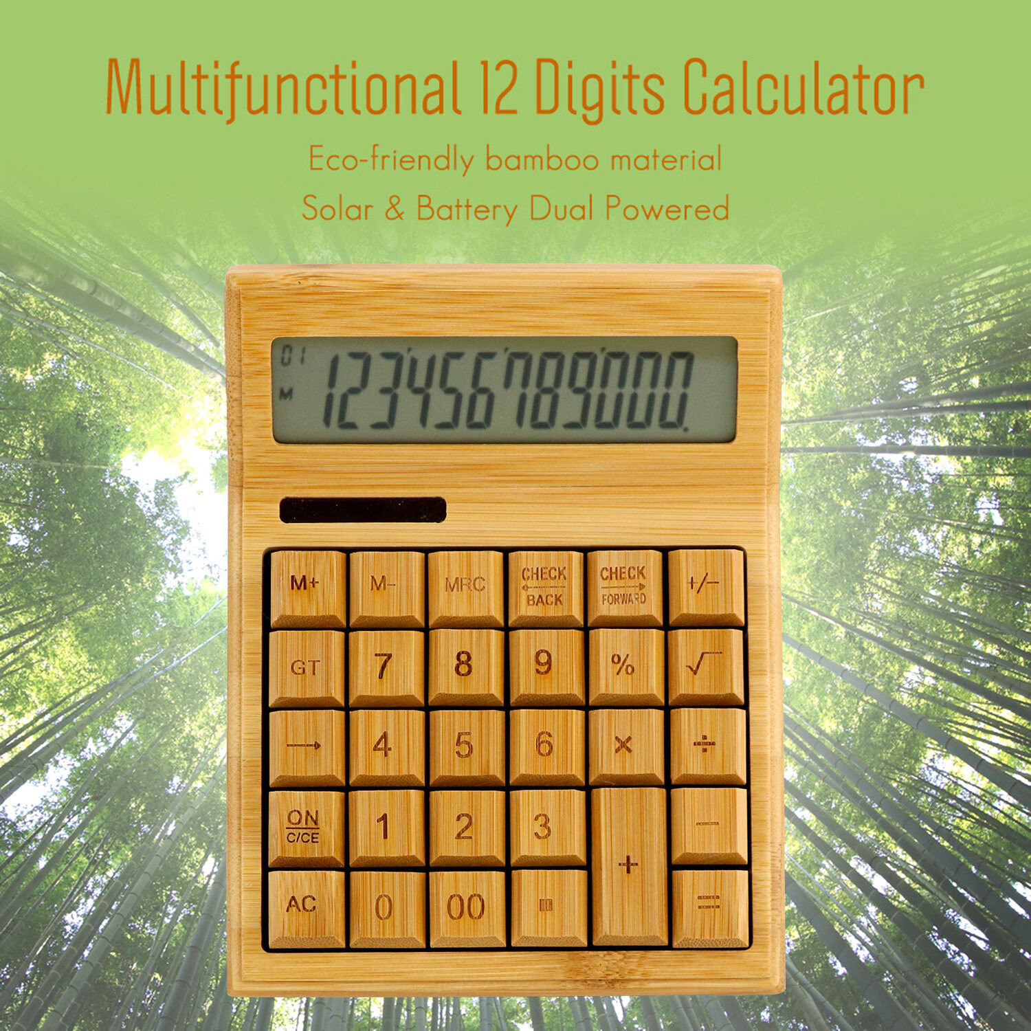 Multifunctional Bamboo Electronic Calculator with 12 Digits Solar and Battery Power for Home, Office, School, and Retail