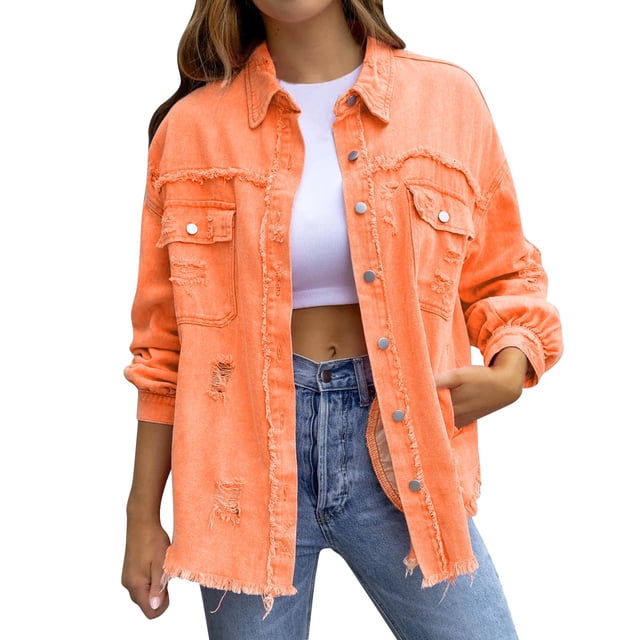 SHIXIAOO Women's Ripped Oversized Denim Jacket Casual Long Boyfriend Distressed Denim Jacket Womens Jackets Fall Casual Button down Button Jean Womens Summer Jackets Denim Jacket Lightweight Fringe