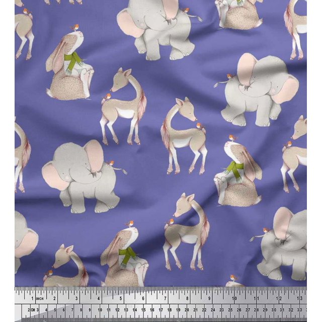 Soimoi Rayon Fabric Deer,Elephant & Rabbit Kids Decor Fabric Printed Yard 56 Inch Wide