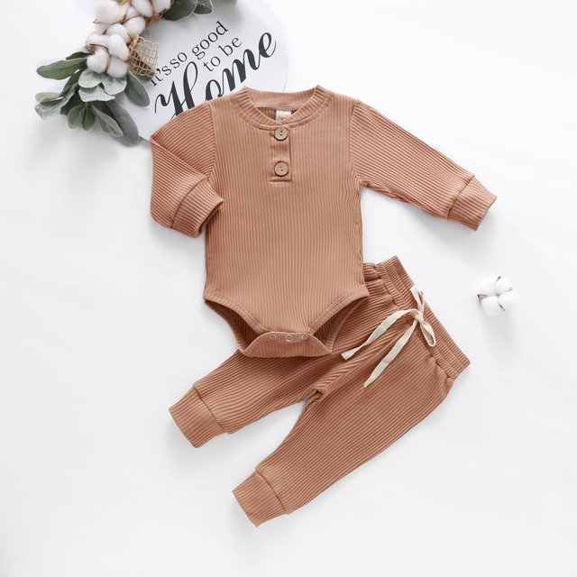 Combinaisons de Bébé en Tricot, Boutons Col Rond à Manches Longues Haut + Pantalon Long Élastique