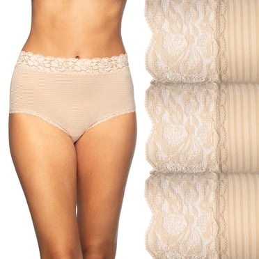 Vanity Fair Culotte Brève Flatteuse en Dentelle pour Femmes, Lot de 3, 8, Rayure Damassée Neutre