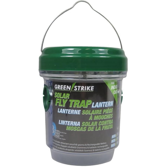Green-Strike Solar Fly Trap Lantern with green lid and clear body, metal handle for hanging, solar-powered and eco-friendly reusable fly trap using a natural lure to capture flies indoors and outdoors, weather-resistant and easy to maintain.