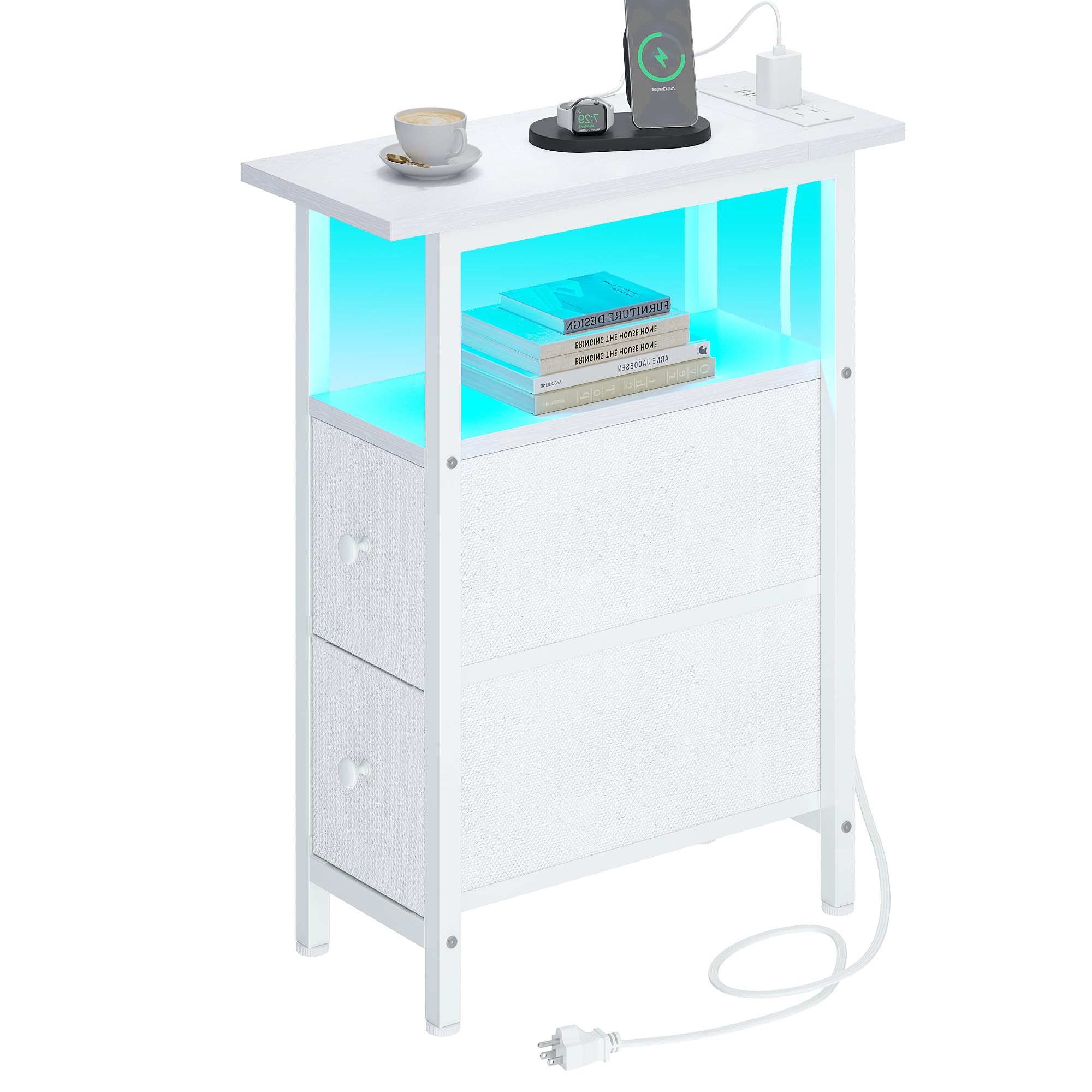 TRIFEBLE End Table with Charging Station, Narrow Side Table with 2 Fabric Drawers, Skinny Nightstand with LED Light, Slim Bedside Table for Bedroom, Living Room, Small S
