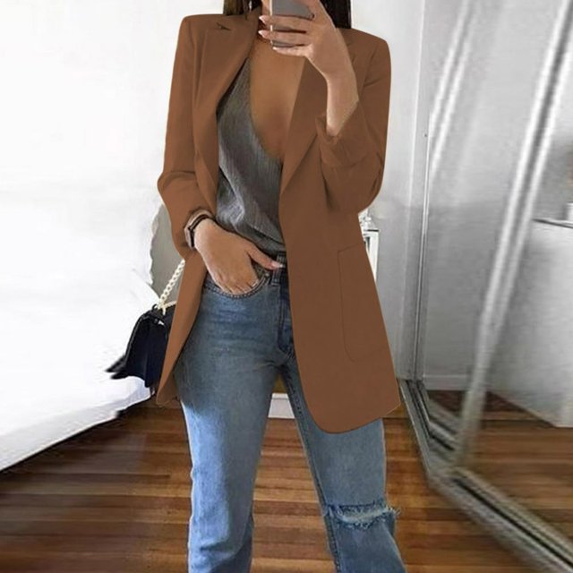 Women Solid Open Front Pockets Cardigan Formal Suit Long Sleeve Blouse Coat