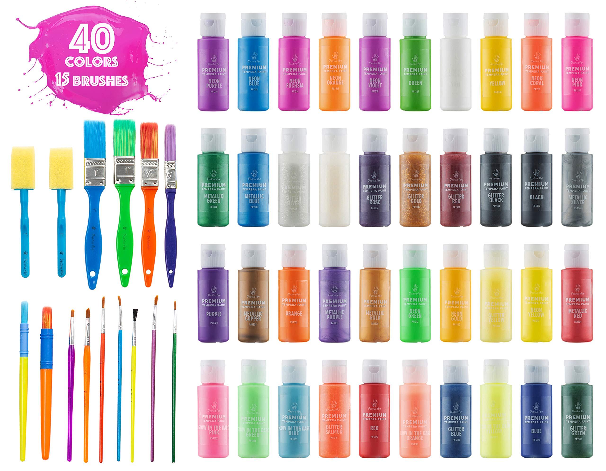 Kids Tempera Paint Set | Value Pack Includes 40 Washable Non-Toxic Colorful Paints (2oz bottles) & 15 Brushes | Metallic, Neon, Glow In The Dark, Glitter Paints | Paint For Arts &