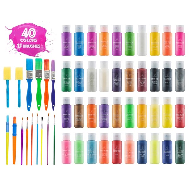 Kids Tempera Paint Set | Value Pack Includes 40 Washable Non-Toxic Colorful Paints (2oz bottles) & 15 Brushes | Metallic, Neon, Glow In The Dark, Glitter Paints | Paint For Arts &