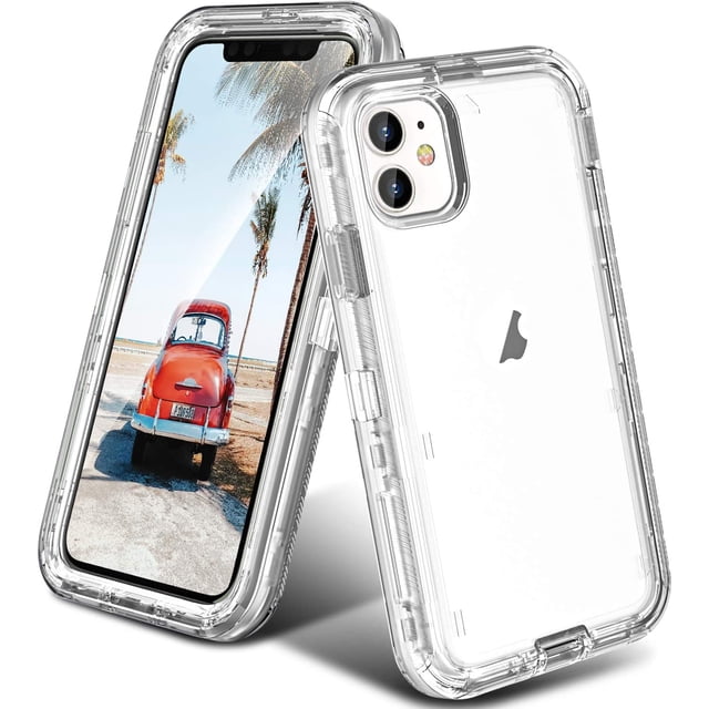 PST iPhone 11 (6.1") Hard Defender Case featuring a triple-layer shockproof design with anti-drop protection. The clear case showcases precise cutouts for easy access to buttons, ports, and controls, including a dust plug for the charging port. The raised edges and inner shell provide enhanced protection for the screen, camera, and back of the phone. Shown in a transparent finish, the case is displayed on an iPhone 11 with a scenic background on the screen.