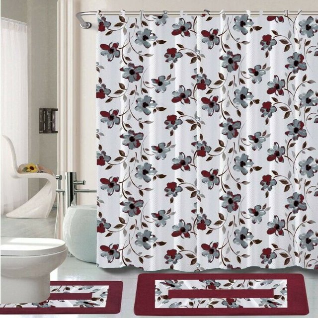 15-Piece Bathroom Set 2-Rugs/Mats Non Slip 1 Fabric Shower Curtain With 12-Fabric Covered Rings Different Styles and Colors For Home Bath Dcor Peony Purple