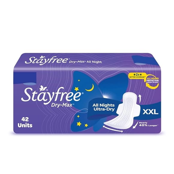 Stayfree Dry Max Serviettes Hygiéniques à Couverture Sèche TG Toute la Nuit pour Femmes, Ensemble, 28s x 2 (56 Serviettes)