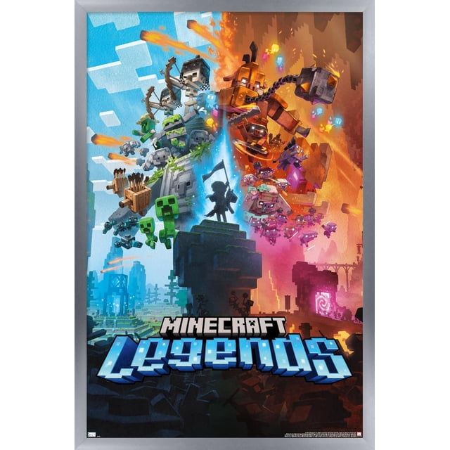 Minecraft : Legends - Affiche Murale d'Art Clé, 22,375 Pouces x 34 Pouces, Représentant une Scène Divisée avec des Personnages Minecraft Pixélisés. le Côté Gauche Montrant des archers Squelettes, des creepers et des structures en Pierre sous un Ciel Bleu. le Côté Droit Mettant en Vedette des Guerriers piglin et une Grande Figurine de Masse Enchaînée dans un Paysage Volcanique Ardent. une silhouette de Guerrier Centrale avec un Drapeau Se Tient sur un Piédestal en Pierre