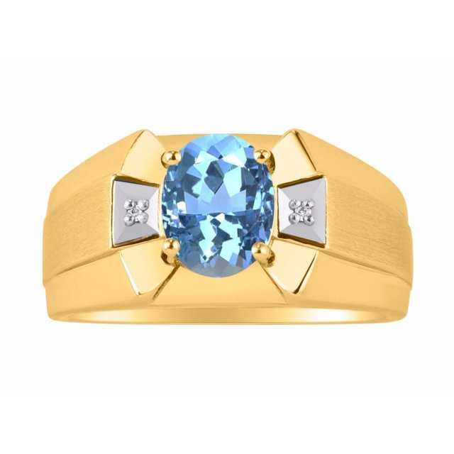 RYLOS Men's Rings 14K Yellow Gold Rings Classic Designer 9X7MM Oval Gemstone & Diamond Ring Blue Topaz December Birthstone Ring Size 10