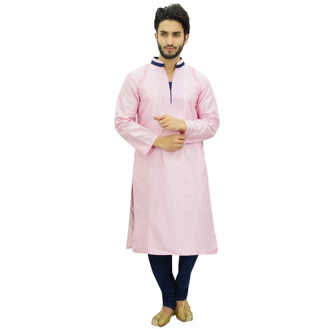 Atasi Designer Men's Pink Party Wear Kurta Pyjama Set Long Dupion Shirt-XX-Large