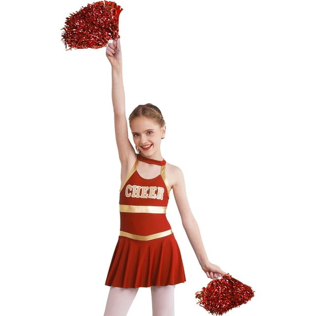 TiaoBug Robe de Danse Uniforme Cheer Leader pour Filles avec Pompons Tenue Musicale de Fête d'Halloween Rouge 16