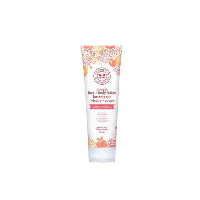 The Honest Company Lotion pour le Visage et le Corps - Abricot Kiss en tube Blanc de 250 ml avec des Graphiques Floraux orange et Rose et d'Abricot, Présentant une Formule à Base de Plantes, Hypoallergénique et Non Grasse Qui Nourrit et Hydrate la Peau Tout en Favorisant un Équilibre Naturel de l'Hydratation.
