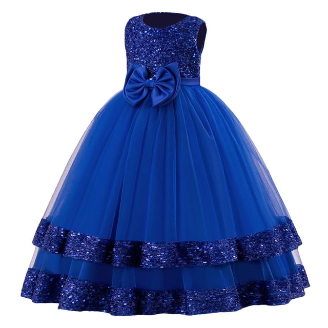 FhsagQ Robes pour Filles Robe de Soirée Princesse à Paillettes avec Nœud à Manches Longues Robe de Fête pour Anniversaire Concours de Beauté Performance sur Scène Fille Printemps le 7 Juillet Robes Taille 6 Printemps Bleu 7-8 Ans