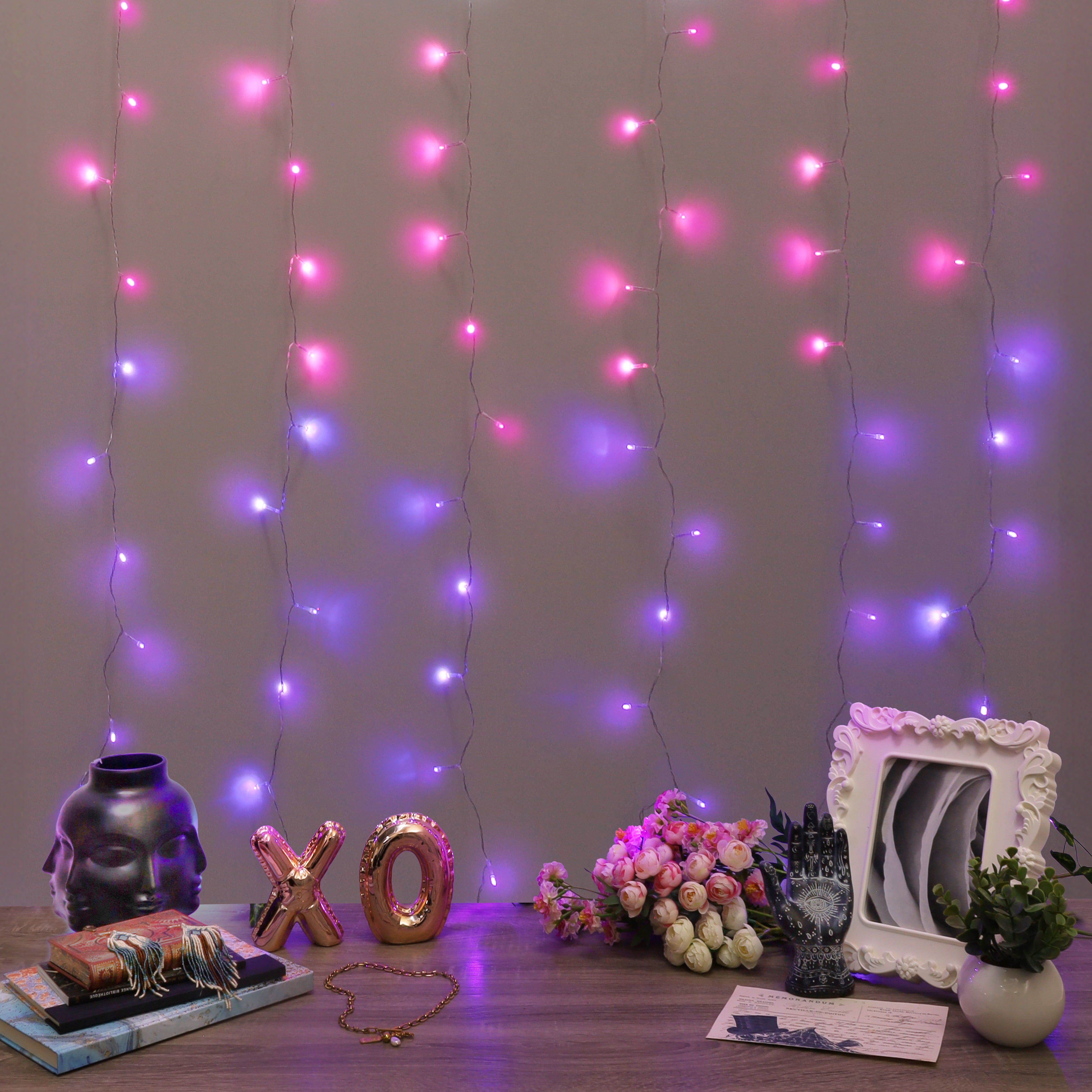 Danson Décor Guirlandes Rideau à piles DEL 5 MM, 96 Lumières, Violet Blanc / Rose / Violet