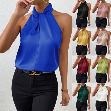 CFLVAEK Satin Tank Tops for Women Dressy Casual Halter Neck Shirts Loose Fit Sleeveless Office Business Shirts Solid Color Summer Tank Top 2025 Pink L