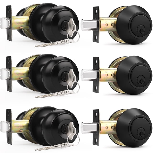 Probrico Entry Door Knobs Lock Set and Single Cylinder Deadbolt Combination Set Entry Door Locksets with Deadbolt Same Key Flat Black (3 Pack) Keyed Alike