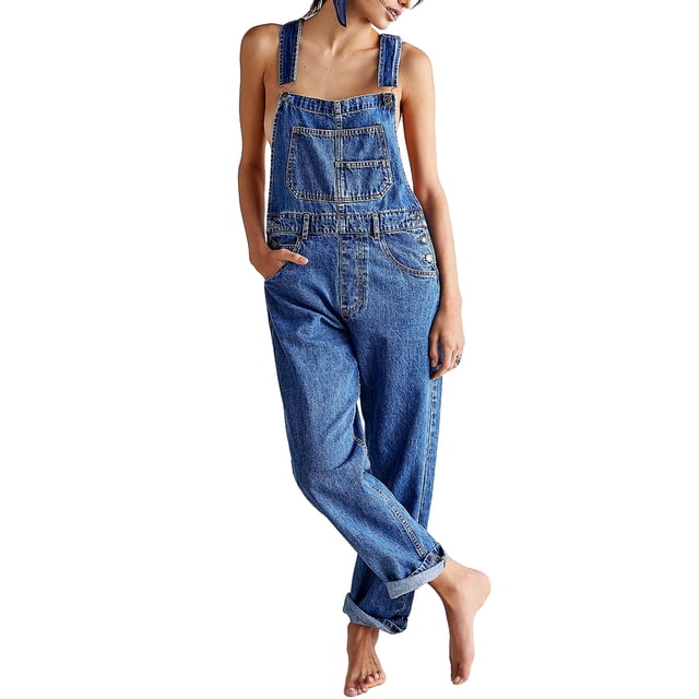 SUNSIOM Women Denim Long Jumpsuit with adjustable spaghetti straps, square neckline, wide-leg romper pants, and baggy bib overalls design. The blue denim outfit features rolled cuffs, functional pockets, and a loose fit, perfect for casual summer occasions.