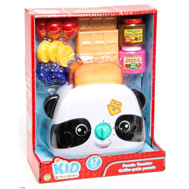 PANDA TOASTER kids kitchen appliance toy shaped like a white and black panda face with a green dial knob, including pretend play food items such as a plastic slice of bread, chocolate bar, peanut butter and strawberry jam jars, and fruit, all in Kid Connection red packaging.