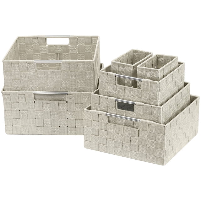 Sorbus Storage Box Woven Basket Bin Container Tote Cube Organizer Set Stackable Storage Basket Woven Strap Shelf Organizer Built-in Carry Handles (7 Piece - Beige)