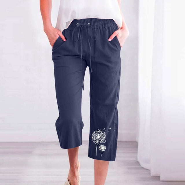 Jsaierl Womens Capris with Pockets Drawstring Elastic Waisted Wide Leg Cropped Pants Plus Size Fashion Floral Print Capris