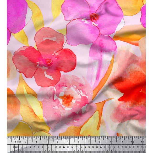 Soimoi polyester Crepe Fabric Flower Watercolor Printed Fabric 1 Yard 42 Inch Wide
