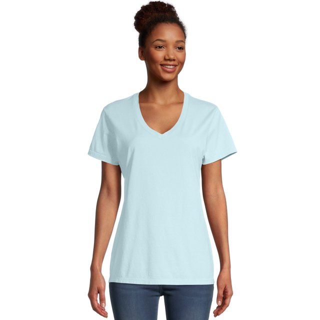 Hanes Womens ComfortWash V-Neck Tee, L, Soothing Blue