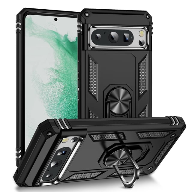 For Google Pixel 10 /10 Pro Case,Heavy Duty Shockproof Body Phone Cover Built in Metal Rotated Magnetic Ring Holder Kickstand,Dual Layer Military-Grade Drop protection,Black